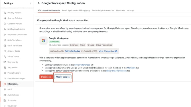 Add or Modify Services and Scopes - Google Workspace - Avoma