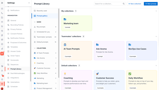 Prompt Library — full interface showing left navigation with sections and a prompt list on the right