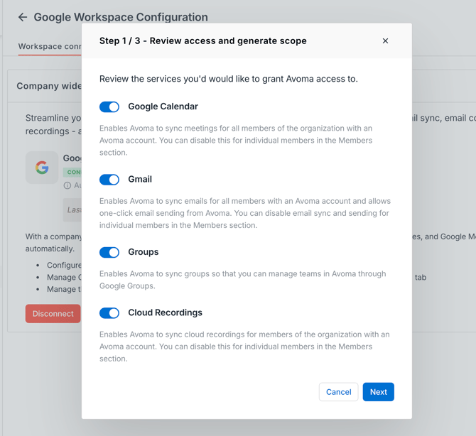 Avoma Google Workspace admin configuration