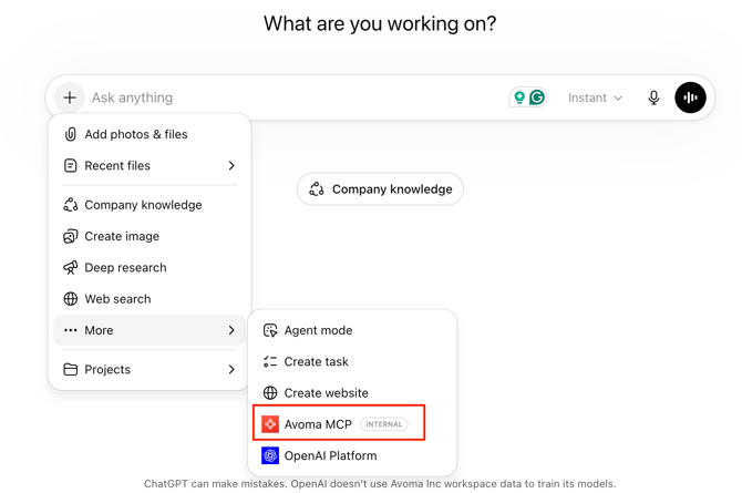 Avoma MCP added as integration in chatgpt