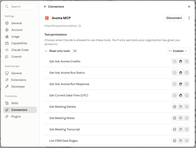 Avoma MCP tools permissions