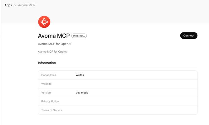 Avoma MCP with Connect button in ChatGPT