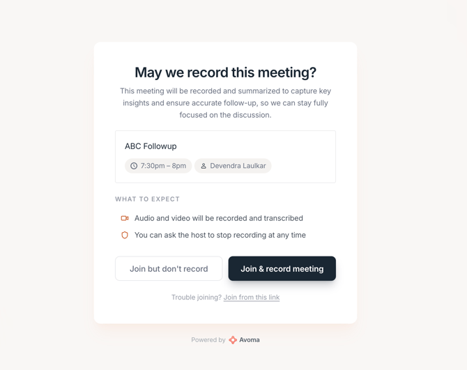 Avoma adds a consent-based join link to Outlook events, letting participants review recording permissions before joining Microsoft Teams meetings