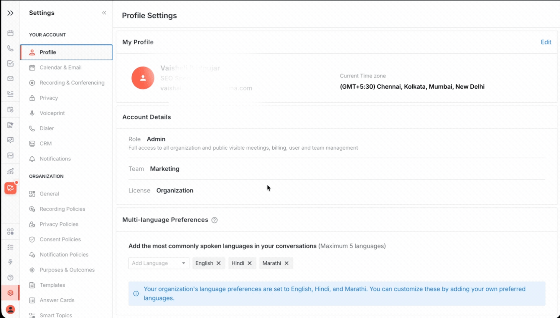 Avoma app settings tab for admins and members