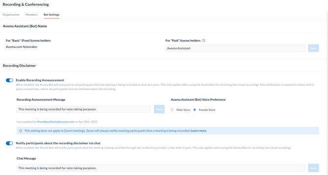 Avoma meeting bot settings