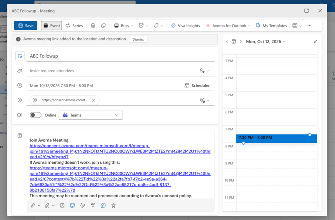 Avoma meeting link added to the location and description in outlook event