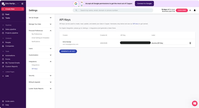 Avoma to Copper CRM - Generate API key