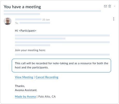Avoma recording policy consent via reminder email