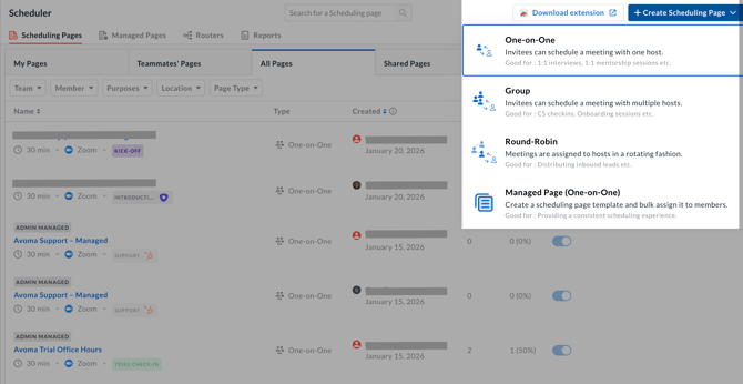 Screenshot of Avoma's steps to create scheduling pages