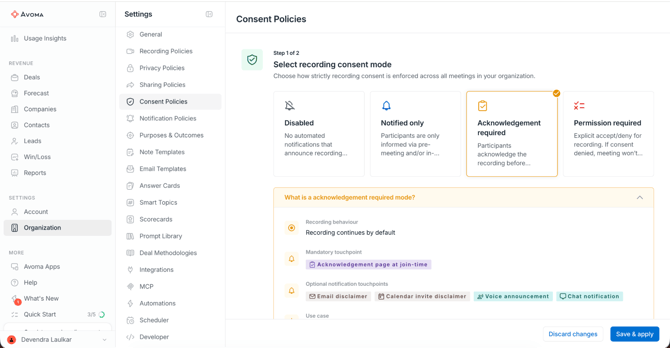 Consent policies in Avoma