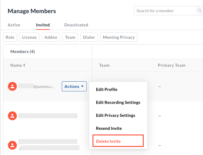 Delete member invite