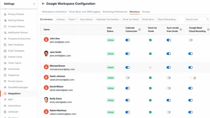 Google Workspace configuration at the member level in Avoma