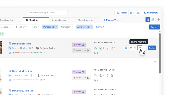Sharing meetings in Avoma - Screen #01