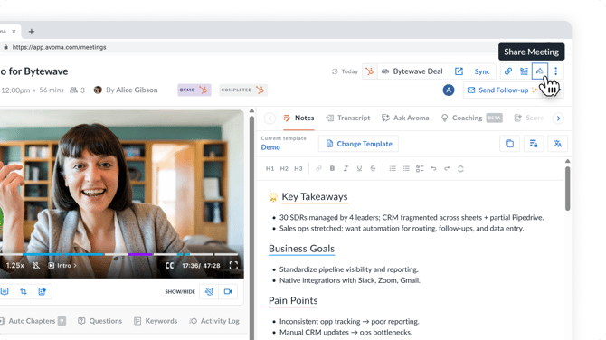 Sharing meetings in Avoma - Screen #03