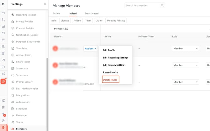 How to delete invite in Avoma