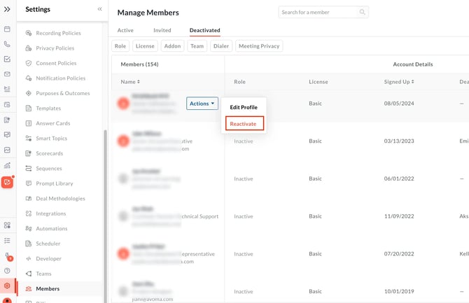 How to reactivate a user prrofile in Avoma