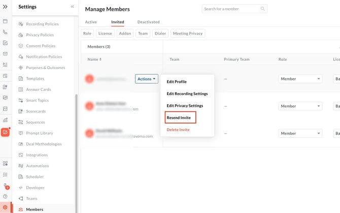 How to resend invite in Avoma