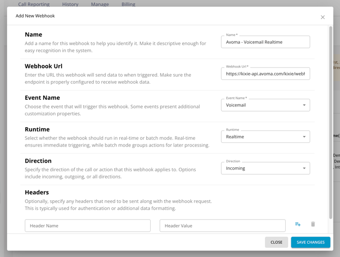 Kixie-add-webhook-Avoma-voicemail