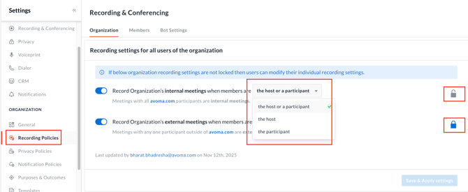 Organization wide meeting recording settings in Avoma