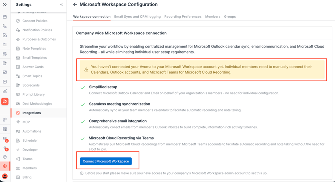 Microsoft waorkspace configuration in Avoma