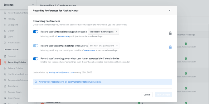 Overriding individual members meeting recording settings in Avoma