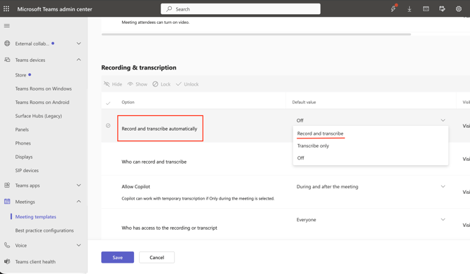 Record and transcribe automatically in meeting template