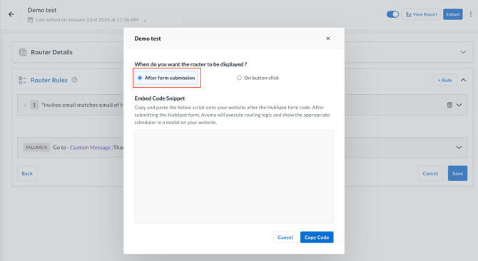 Router setup and form embed in Avoma