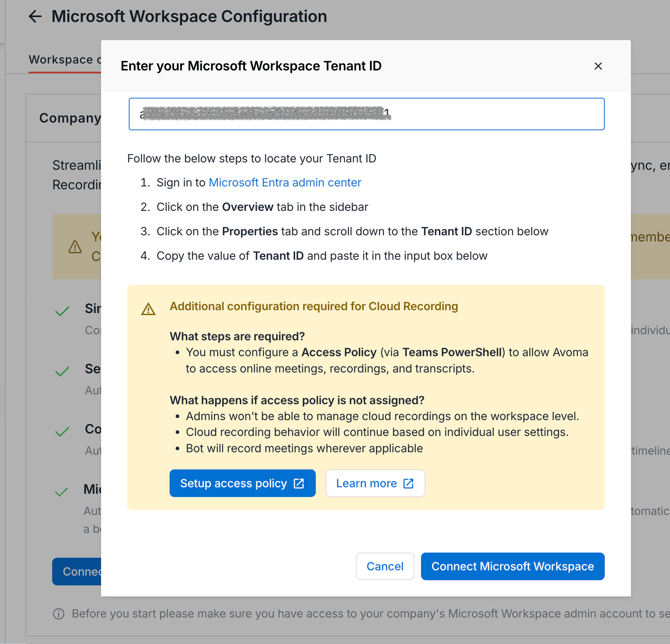 Screen to Enter your Microsoft Workspace Tenant ID 2