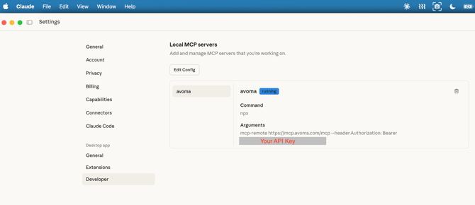 Avoma MCP API key config