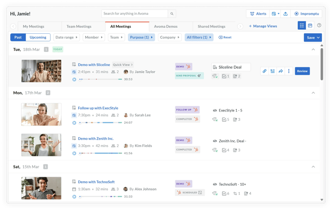 Meetings page with the My Meetings / Team Meetings / All Meetings tabs and filter panel