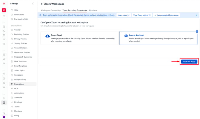 Zoom Workspace page, Zoom Recording Preferences tab, with the Zoom Cloud and Avoma Assistant tiles and the Save and Apply button highlighted