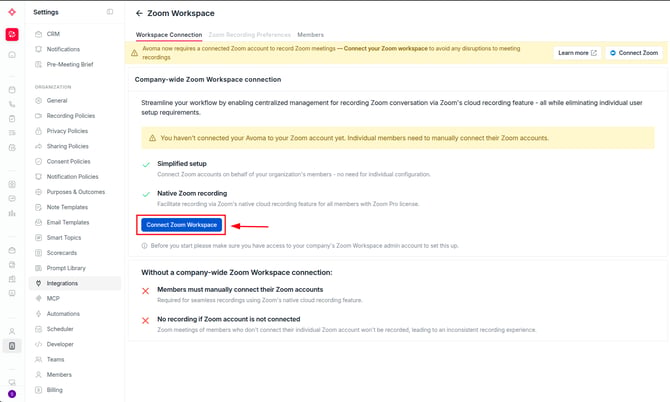 Zoom Workspace page, Workspace Connection tab, with the Connect Zoom Workspace button highlighted