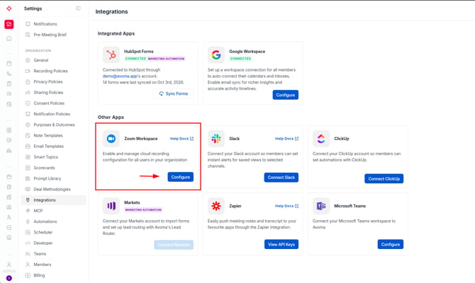 Avoma Settings, Integrations page, with the Zoom Workspace card under Other Apps highlighted and an arrow pointing to its Configure button