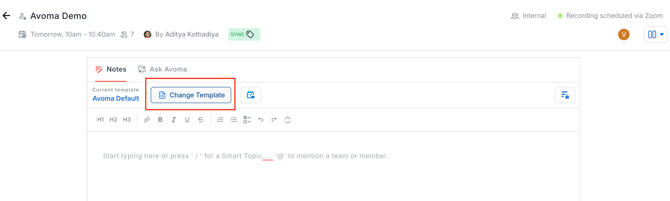 change meeting notes template in Avoma