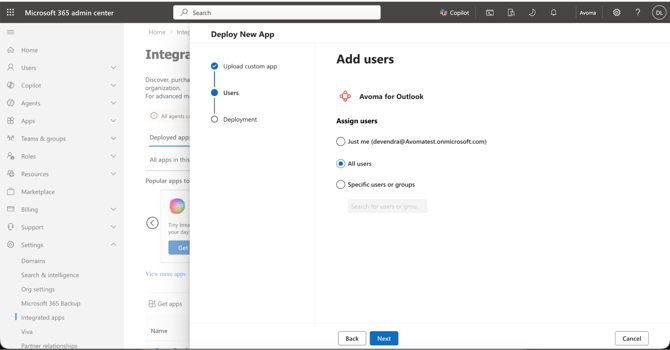 deploy the Avoma add-in to your organization in MS 365 admin center