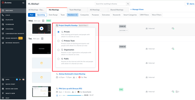 Avoma meetings privacy settings