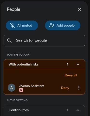 Google Meet — Avoma Assistant listed under "With potential risks" in the Participants panel
