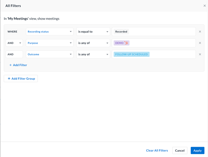 Filter meetings by purpose and/or outcome