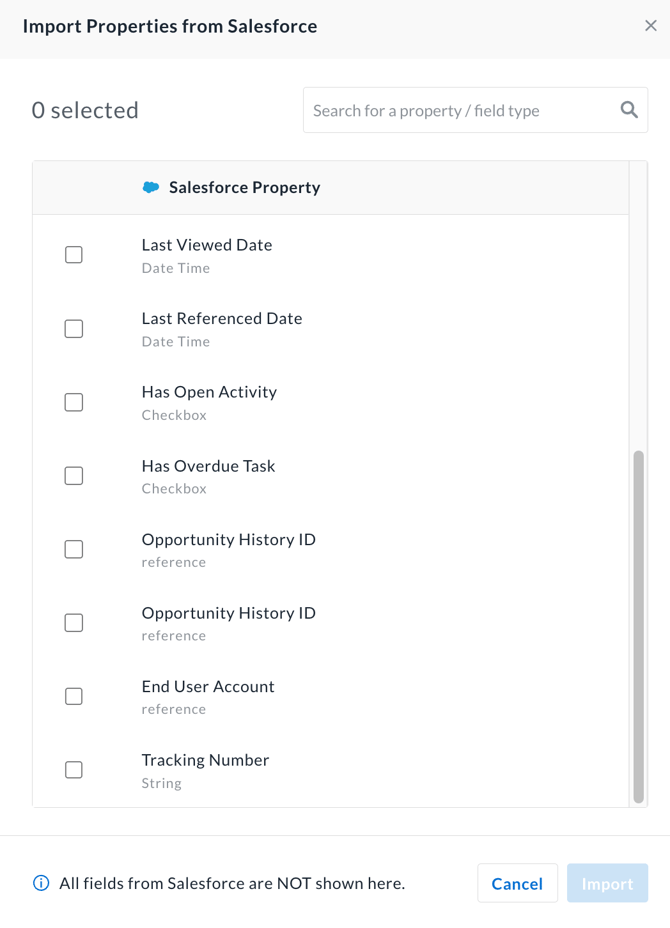 Screenshot of importing additional Salesforce properties in Avoma