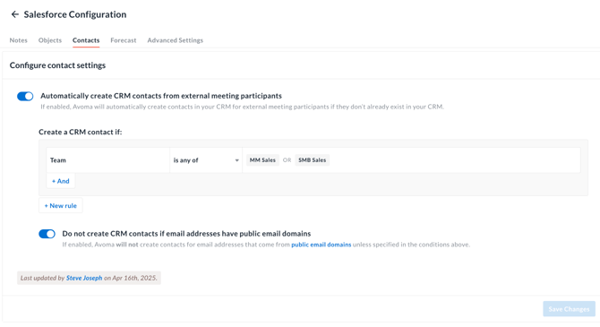 Avoma Salesforce configuration for contacts