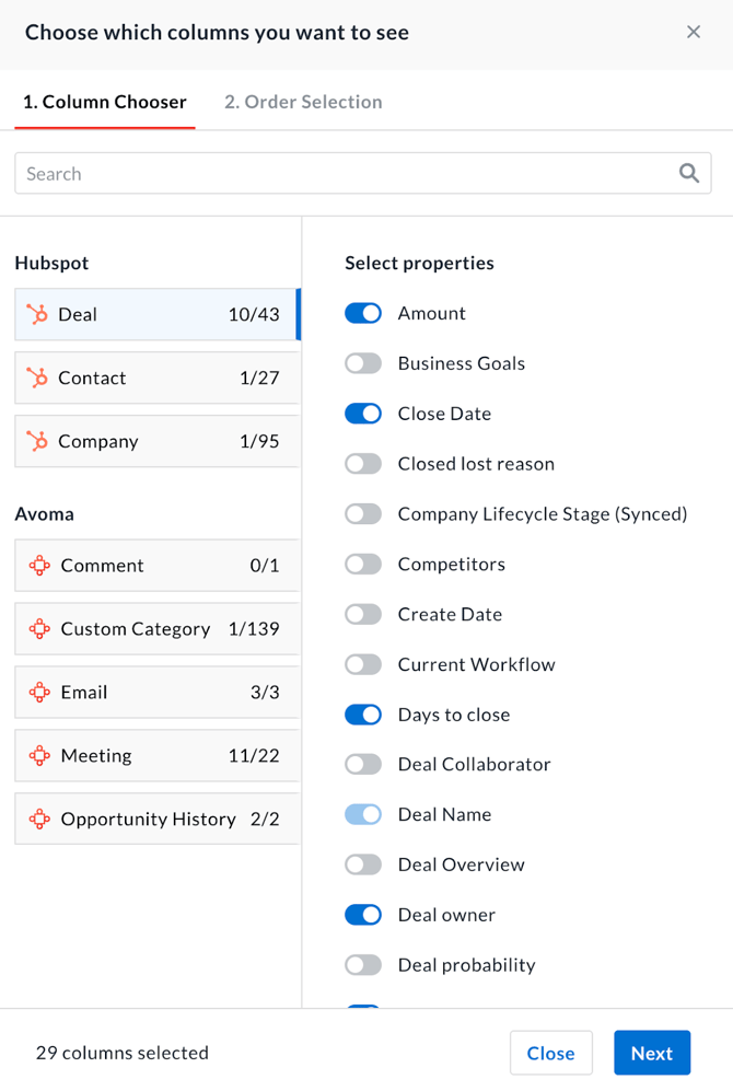 Column selection for deals in Avoma