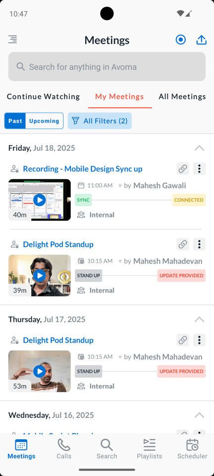 Avoma meetings in Android app