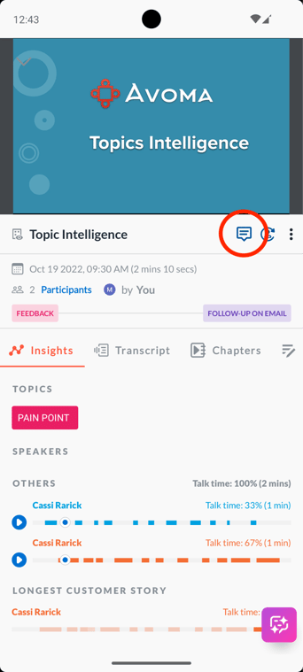 Commenting in a meeting on Avoma Android app