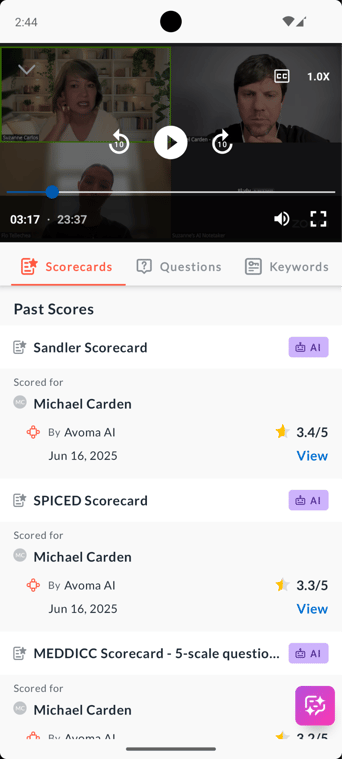 Call scorecards in Avoma Android app