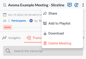 Sharing meeting in Avoma android app