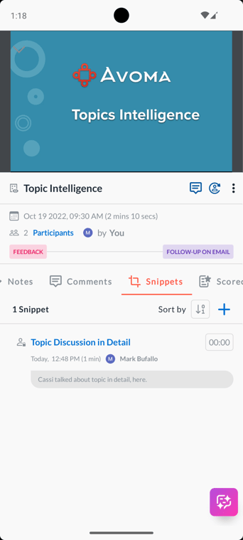 Snippets in Avoma android app