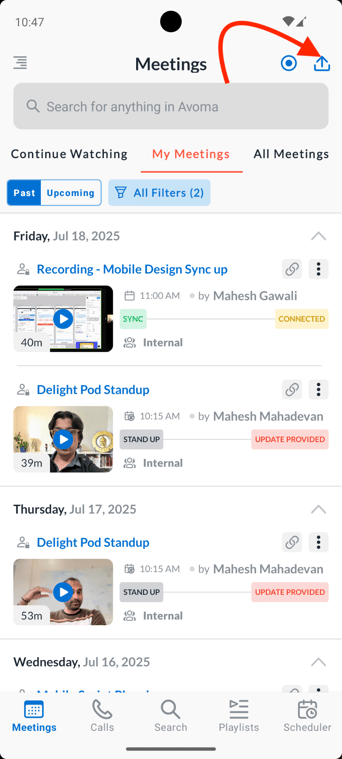 Upload recording in Avoma android app