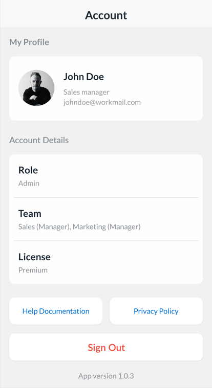 Account details with role, team and license