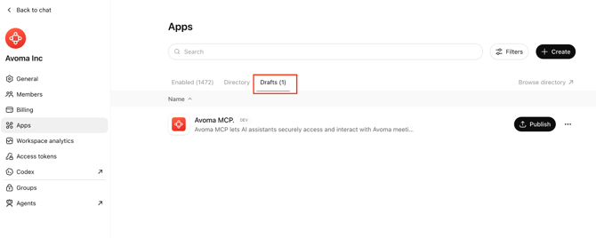 Workspace settings → Apps → Drafts — Avoma MCP connector with Publish button