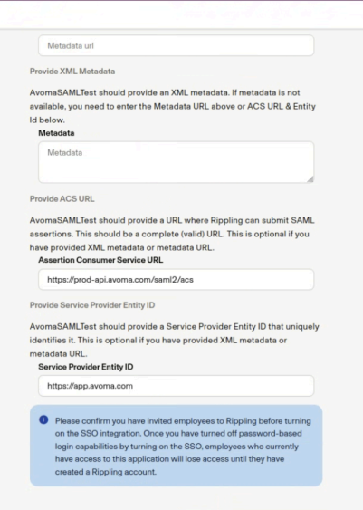 Configure Avoma (Service Provider) details in Rippling